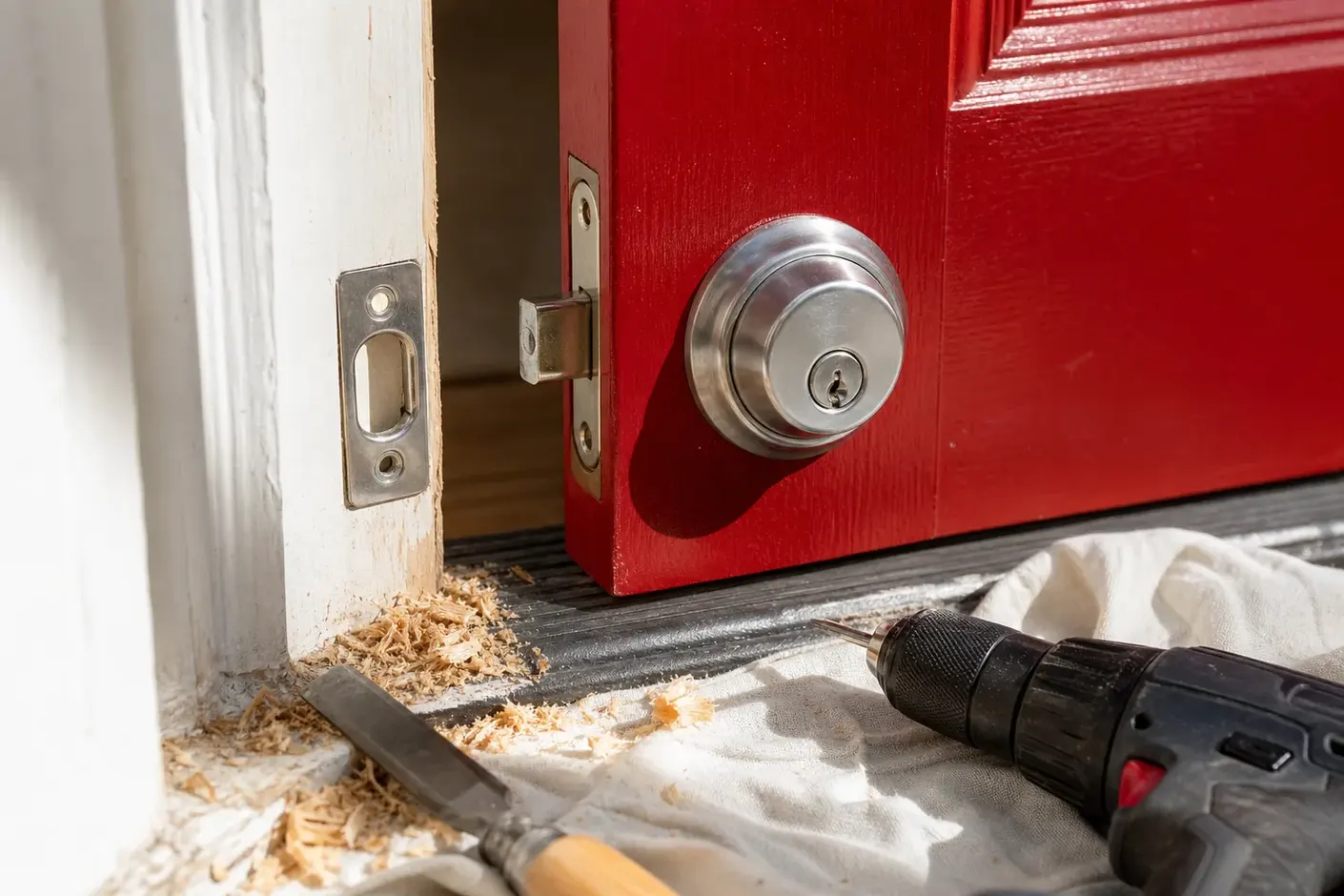New deadbolt being installed in a front door