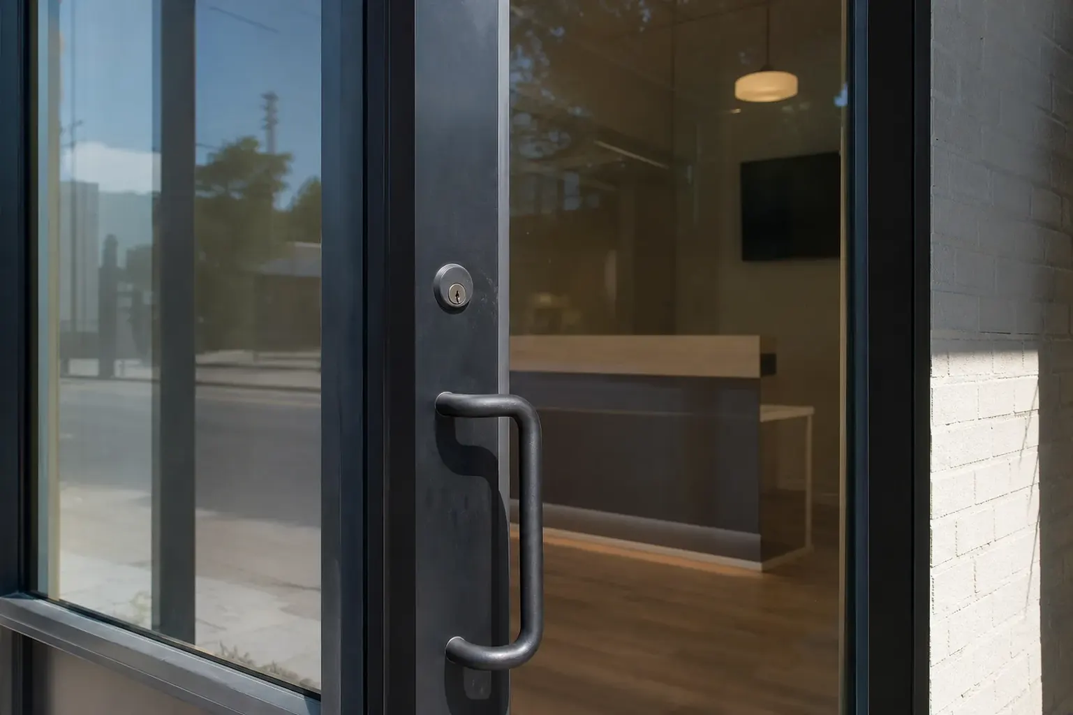 Glass entrance door of a local business