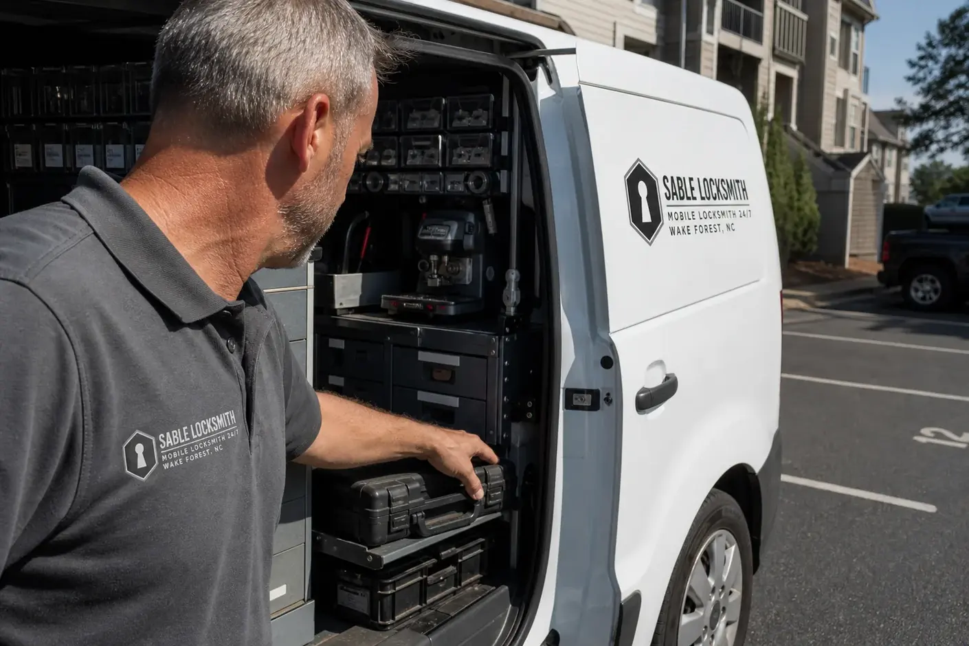 The Sable Locksmith service van, stocked for lockouts and key cutting in Wake Forest