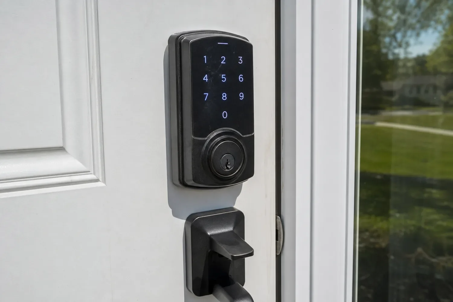 Keypad deadbolt fitted to a front door, Wake Forest, NC