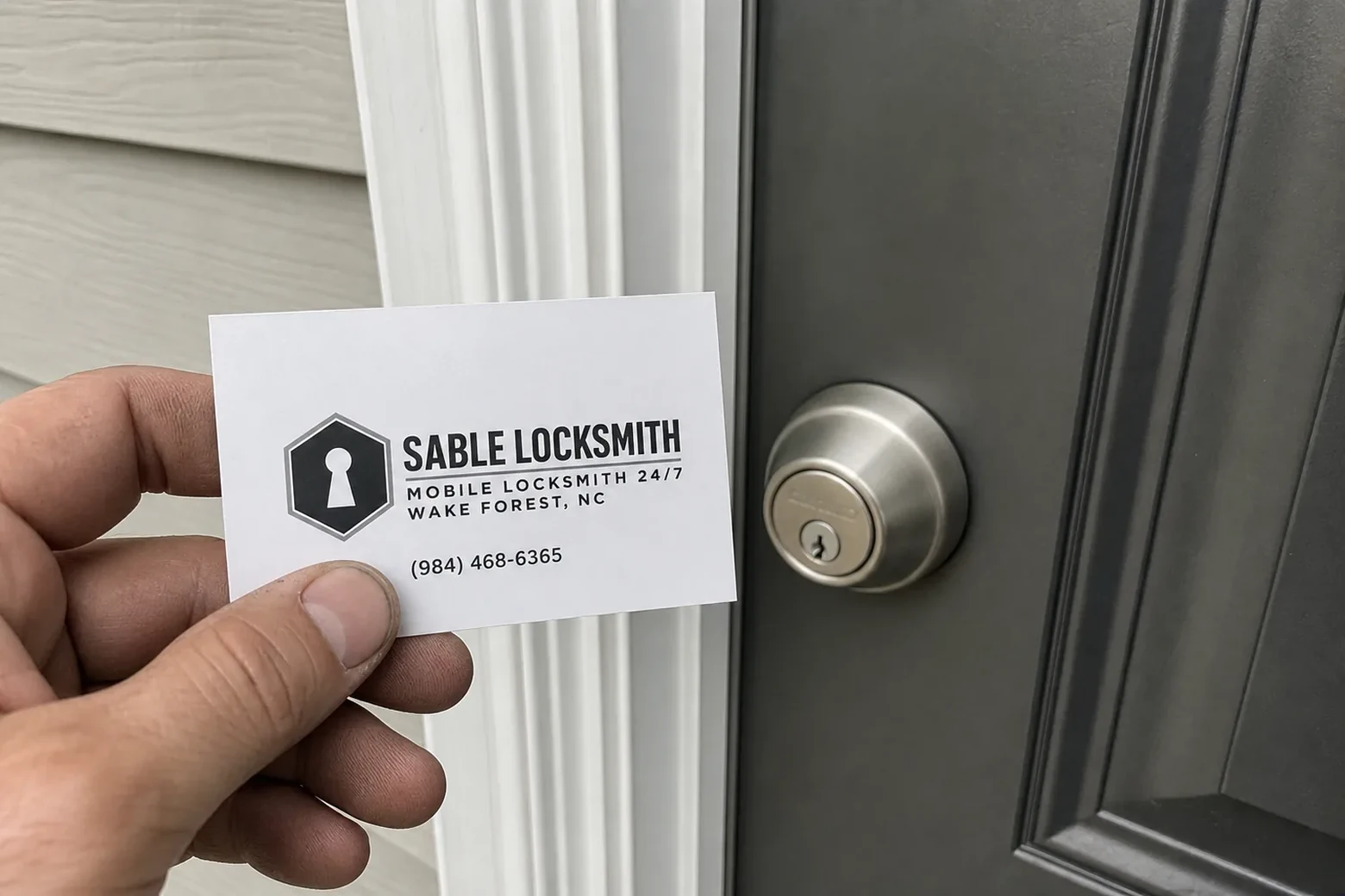 Sable Locksmith card at a job in Wake Forest